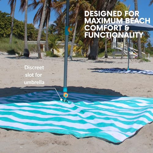 Teal & Stripes Extra Large Beach Picnic Blanket 7x7 ft Sandproof Waterproof Windproof with Umbrella Hole