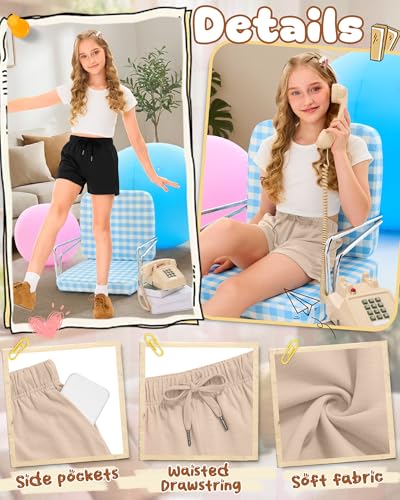 Girls Athletic Shorts 4-Pack - Black, Gray, Khaki, Apricot - 13-14 Years
