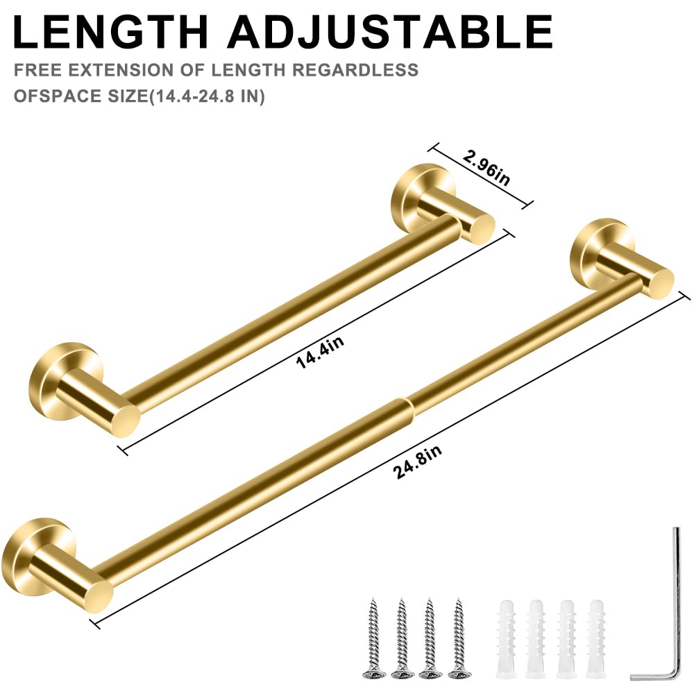 MGahyi Towel Racks for Bathroom-Adjustable Towel Holder(13.18inch-24inch) Sturdy and Rustproof Towel Bar Wall Mounted, Single Towel Bar Rod for Bathroom Accessories (Gold, 1Pack-Towel Bar)