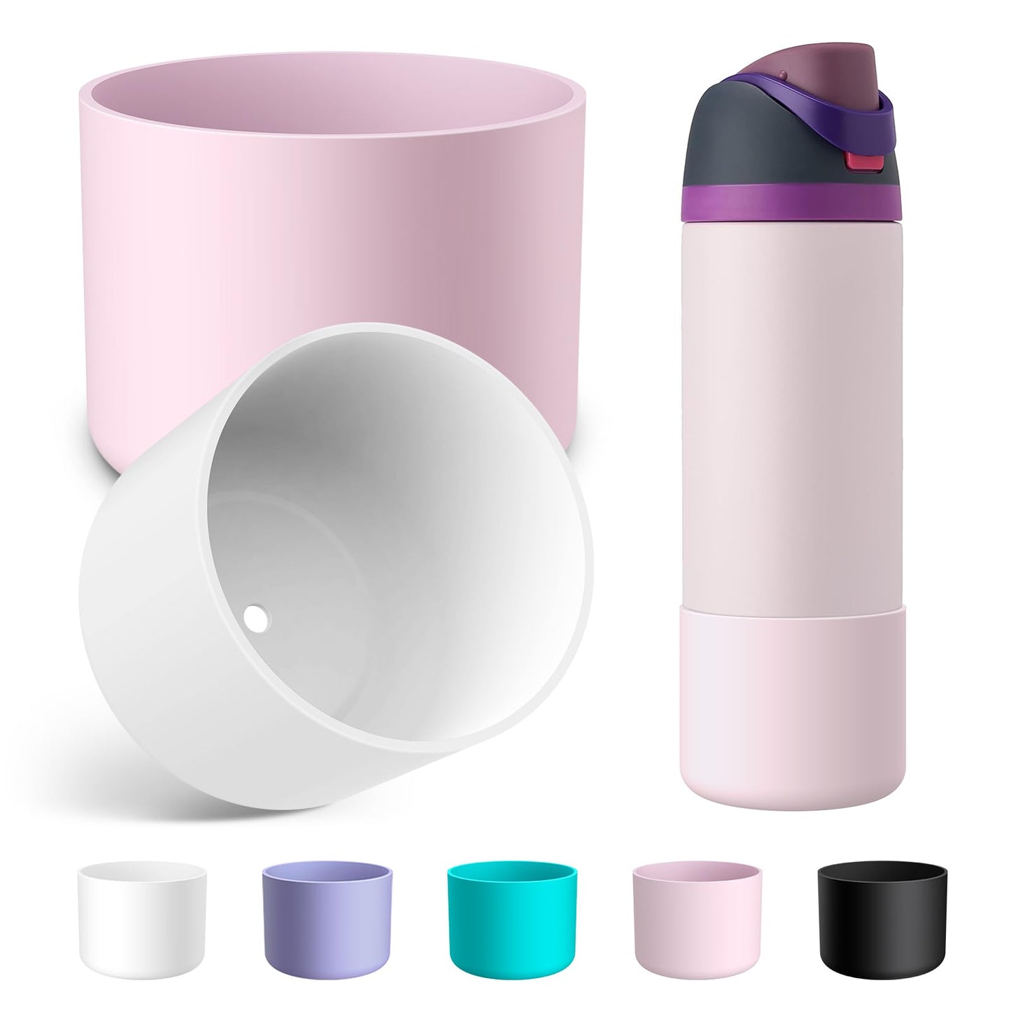 Alwenid 2PCS Silicone Water Bottle Boot for Owala 24 Oz, Anti-Slip Protective Sleeve Bottom Bumper Protector for FreeSip, Twist, and Flip Stainless Steel Water Bottles (White+Pink)