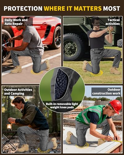 PandaVoy Men's Stretch Tactical Work Pants with Removable Knee Pads, Water-Resistant Ripstop Cargo Pants 34W x 32L Grey