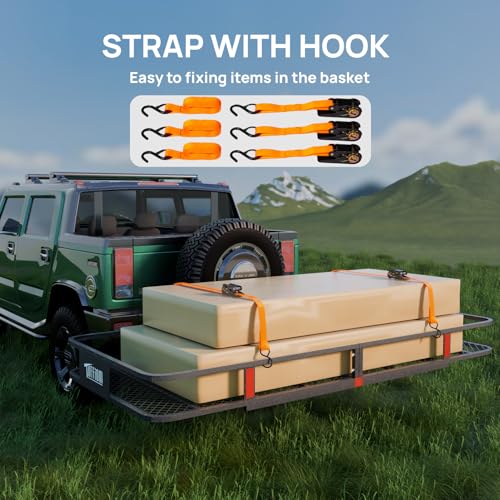 Folding Hitch Mount Cargo Carrier Basket 70"x30"x6" w/Straps+Stabilizer - 500lbs Steel Rack for SUV Truck Van