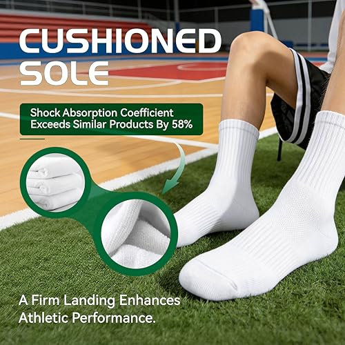 Men's Crew Socks - Cushioned Cotton Athletic Support - 1 Pair White