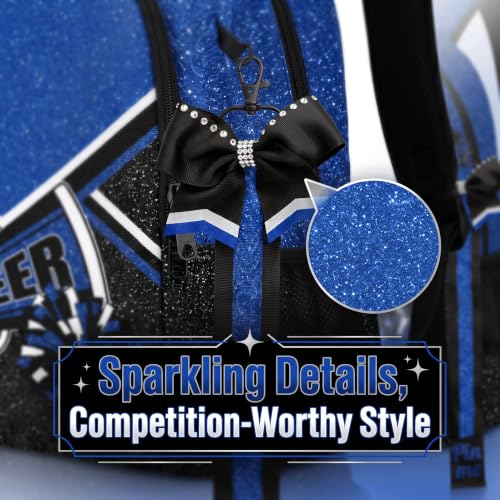 QEUILO Blue Glitter Cheer Backpack with Bow Keychain for Women