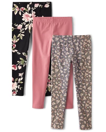 Girls Printed Leggings 2-Pack - Medium, Floral, Mauve & Gray, 3-Pack