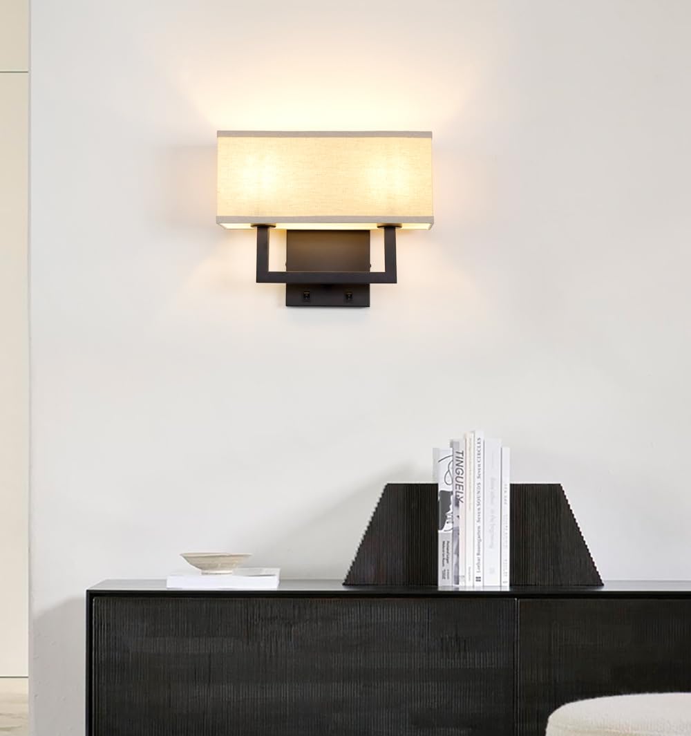 Yosoan Linen Fabric Boho Wall Sconce Bedside Light with On Off Switch, 2-Light Finished Hardwired Vintage Industrial Dual Wall Mount Lamp Lighting Square Shade for Bedroom Living Room Stairwell(Black)