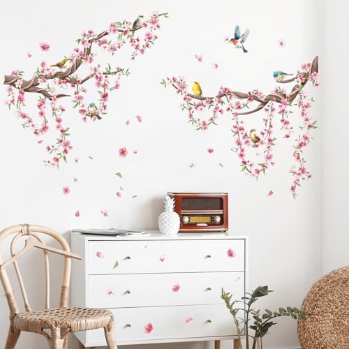 Cherry Blossom Tree Branch Wall Decals Pink Peach Flower Wall Stickers Spring Floral Birds Wall Art Decor for Bedroom Hall Livingroom Office TV Backdrop with 3 Sheets (11.8 x 35.4 inches/1 Sheet