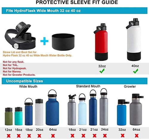 Wide Mouth Lid Replacement with Silicone Boot for Hydro Flask– 20 32 40 64 oz Chug Cap & Bumper Set, BPA Free Spout Top with Flex Handle, Protective Boot for Noise Reduction & Non-Slip (Black)