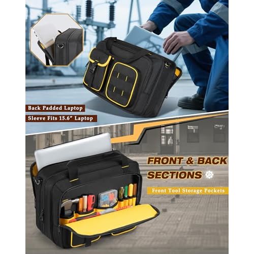 Electrician Tool Bag with Laptop Sleeve, Tool Tote with Multiple Pockets for Technicians, Black