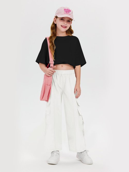 Haloumoning Girls Parachute Pants Kids Wide Leg Cargo Pants Y2K Street Trousers with Pockets 5-14 Years White