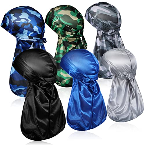 Tarpop 6-Pack Camouflage Durags for Men Silky Long Tail Hats