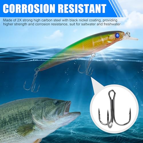 Black 8# Treble Hooks 60pcs High Carbon Steel Fishing Hooks for Saltwater & Freshwater Lures