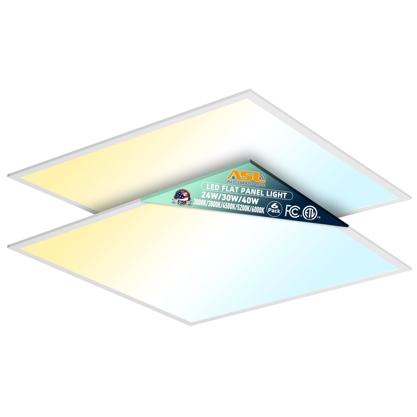 Allsmartlife 2x2FT LED Flat Panel Troffer Light, 2-Pack 5CCT (3000K-3800K-4500K-5200K-6000K), Triac Dimmable, 2X2 Recessed Back-Lit Drop Ceiling Light Fixture