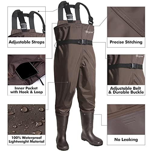 OXYVAN M10/W12 Brown Chest Waders with Boots - Lightweight Nylon/PVC Fishing & Hunting Gear