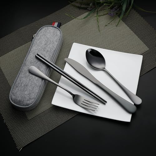 Travel Utensils Set with Case - 5 Piece Portable Silverware - Black