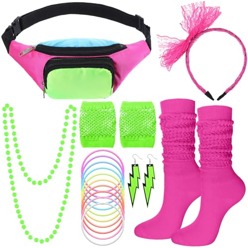 Neon Retro 80s Costume Accessories Set Rose Red - Fanny Pack, Hairband, Gloves & More