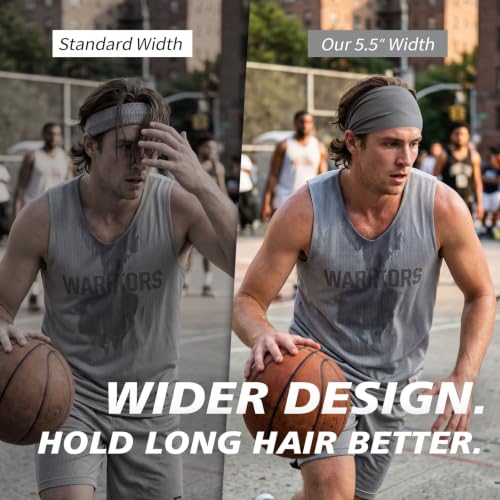 Rheytew Men's 5.5-inch Wide Sports Headbands for Long Hair - Black/Grey, 8 Pack