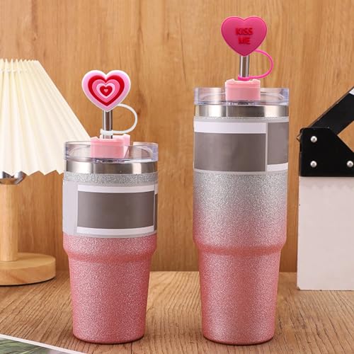 Heart Straw Toppers for Tumblers - Silicone Dust-Proof Straw Covers - Red Pink