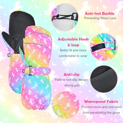 Kids Waterproof Ski Gloves - Toddler Mittens, Rainbow Unicorn, Small