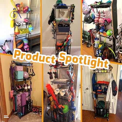 Vertical Sports Equipment Storage Rack with Hooks and Baskets