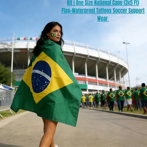 World Soccer 2026 Fan Essentials Kit - 3x5 Ft Flag Cape & Tattoos - Brazil