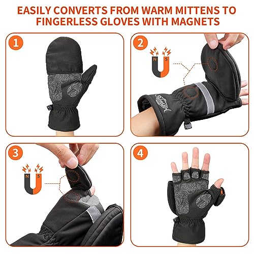 Palmyth Black Large Ice Fishing Gloves Convertible Mittens with Thinsulate - Warm Winter Men Women