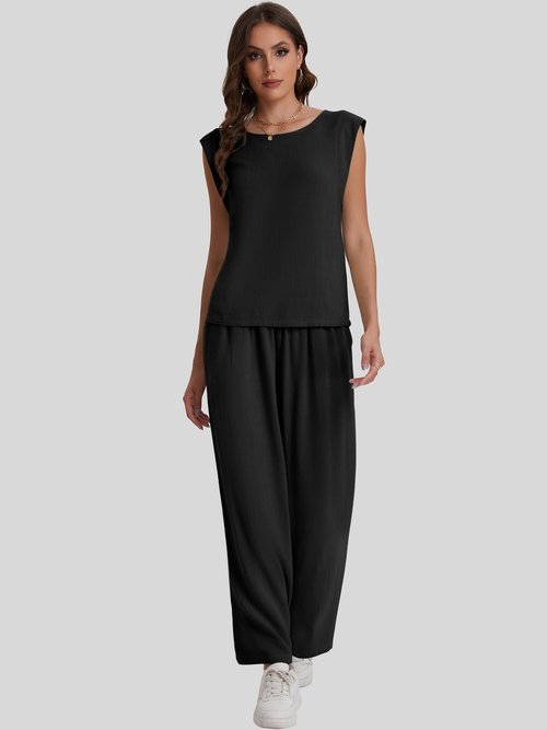 Bloggerlove Womens Summer 2 Piece Outfits Sleeveless Tank Top Wide Leg Pants Linen Jumpsuits Lounge Matching Beach Sets