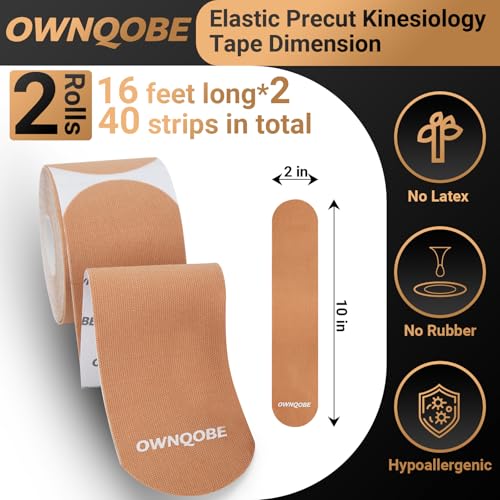 Kinesiology Tape - 2 Rolls with 40 Precut Strips, Waterproof, Beige
