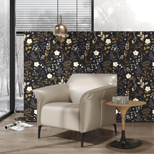 Gold Leaf Peel and Stick Wallpaper Boho Leaf Contact Paper Dark Floral Removable Self Adhesive Waterproof Wall Paper for Cabinet Drawers Wall Decor Renter Friendly 17.5''x118.1''