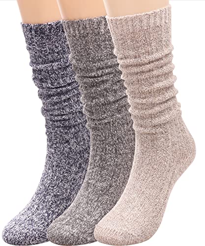 3 Pairs Women's Winter Wool Knee High Boot Socks - Beige/Blue/Grey