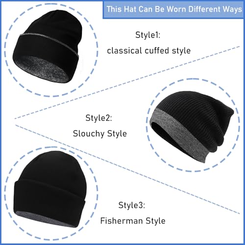 Unisex Reversible Winter Beanie Hat - Soft Warm Knitted Cap - Black & Grey