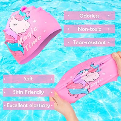 Pink Kids Swim Cap for Girls (Ages 2-6) with Goggles, Ear Plugs & Nose Clip