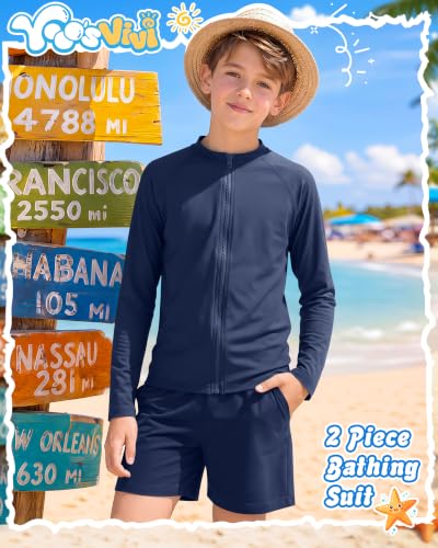 Boys Rash Guard Swim Set with Swim Trunks - 7-8 Years Navy Blue