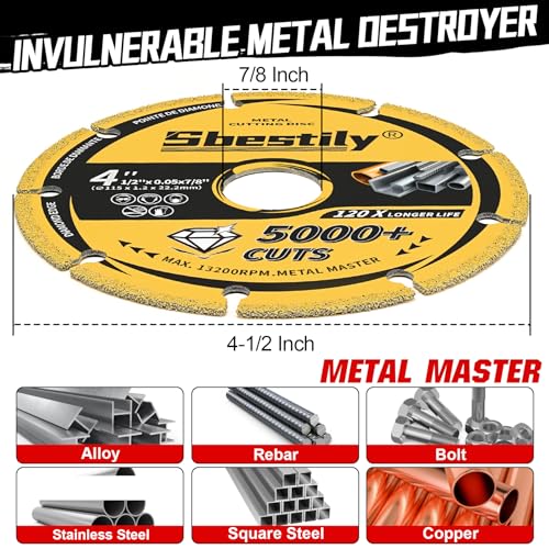Diamond Cutting Wheel 4 1/2 x 7/8 Inch for Metal, Cut Off Wheels with 5000+ Cuts on Rebar, Steel, Iron and INOX, Angle Grinder Attachment Cutting Blades (1PCS)