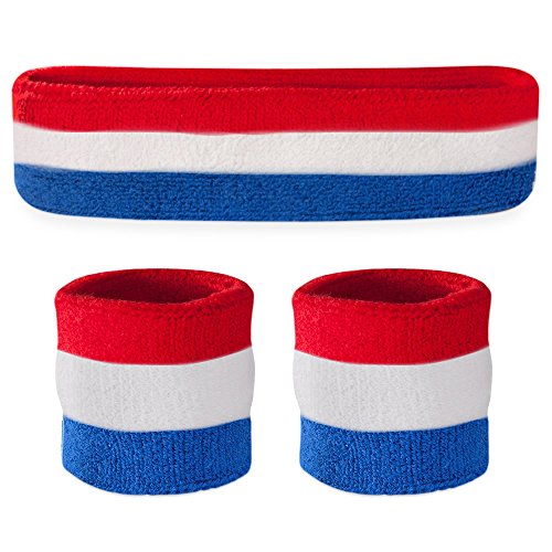 Athletic Sweatband Set - Moisture Wicking Headband & Wristbands, Red White and Blue