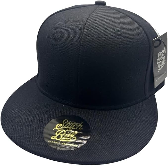 Stitch and Bill Premium Fitted Flat Brim Baseball Cap 7 3/4 Black