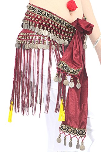 Plus-Size Dark Red Women's Belly Dance Tribal Hip Scarf with Fringe Coins 35.5in