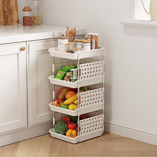 Lifewit Plastic Stackable Storage Baskets, 4 Tier Stacking Bins 13.8"D x 11.8"W x 28.3"H, Large Capacity Multi-Functional Containers Shelves for Pantry, Playroom, Kitchen and Bedroom, 1 Pack, White