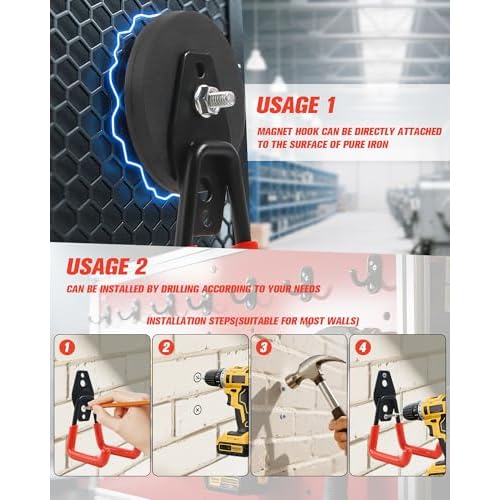Magnets Garage Storage Hooks 4 Pack - Orange Magnet Hooks for Hanging Tools, Garage Organization, Secure Metal Cabinet & Steel Surfaces