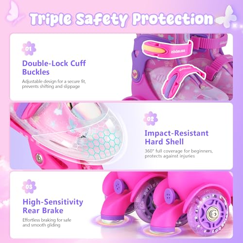 ZOOBLISS Butterfly Pink Kids Adjustable Light-Up Roller Skates (S-small, 11c-1y US) 4 Sizes