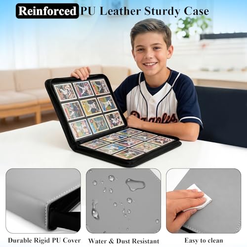 Baseball Card Binder - 900 Capacity PU Leather Zipper Holder - Grey, Medium