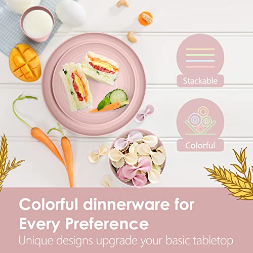 Teivio Pink 16-Piece Wheat Straw Dinnerware Set for Kids & Outdoor Camping