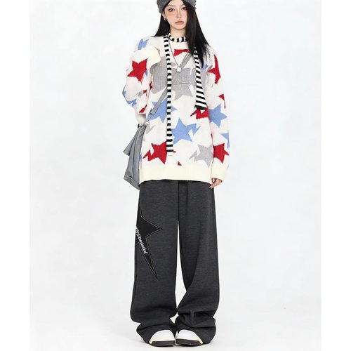Pooyikoi Women Streetwear Sweatpants Drawstring Elastic Waist Loose Wide Leg Joggers Y2k Star Print Pants Harajuku Trousers (US, Alpha, Small, Regular, Regular, Dark Grey)