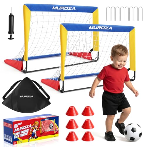Kids Soccer Goal Set - 2 Pack Portable Pop Up Nets with Ball & Cones - Red, Yellow, Blue