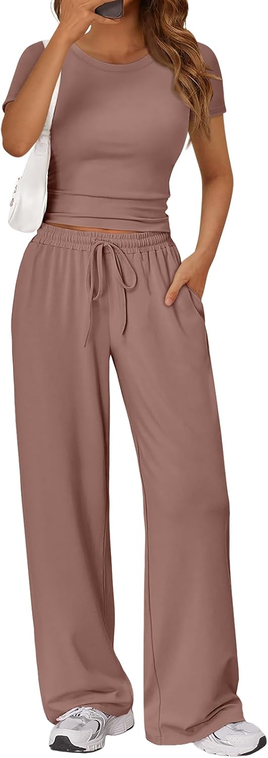 Trendy Queen 2 Piece Summer Lounge Set - Women's Side Ruching Top & Wide Leg Pants with Pockets