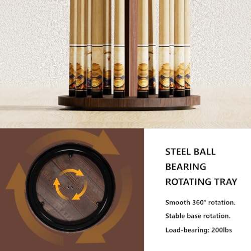 Brown 360° Rotating Wooden Pool Cue Rack Holds 15 Cues - Floor Stand Billiard Organizer