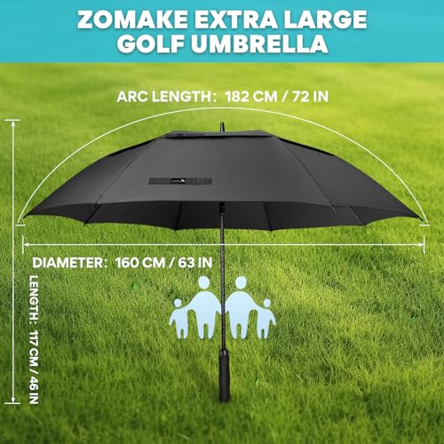 Large Windproof Golf Umbrella - 62 Inch Double Canopy - Black