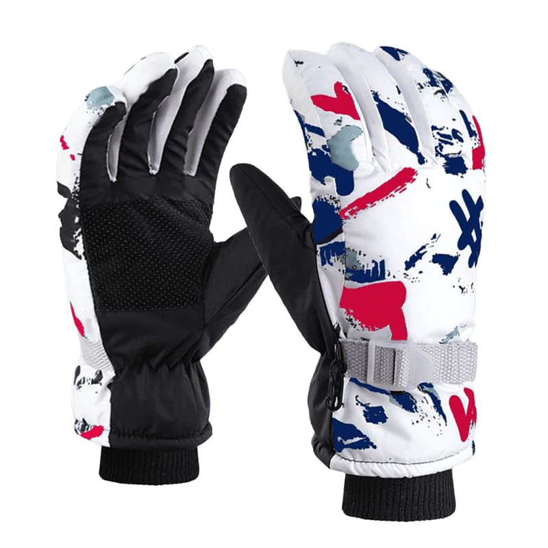 Kids Cold Weather Ski Gloves - Warm, Water-Repellent, Fit 4T-8T - White/Pink/Blue Print