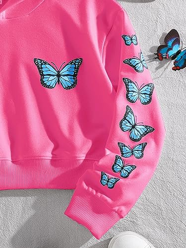 Butterfly Print Long Sleeve Hoodie Crop Top - Hot Pink, 12 Years