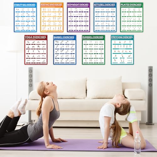 9Pcs Exercise Poster Set - Workout Charts for Yoga, Resistance Bands, Dumbbells & Home Gym